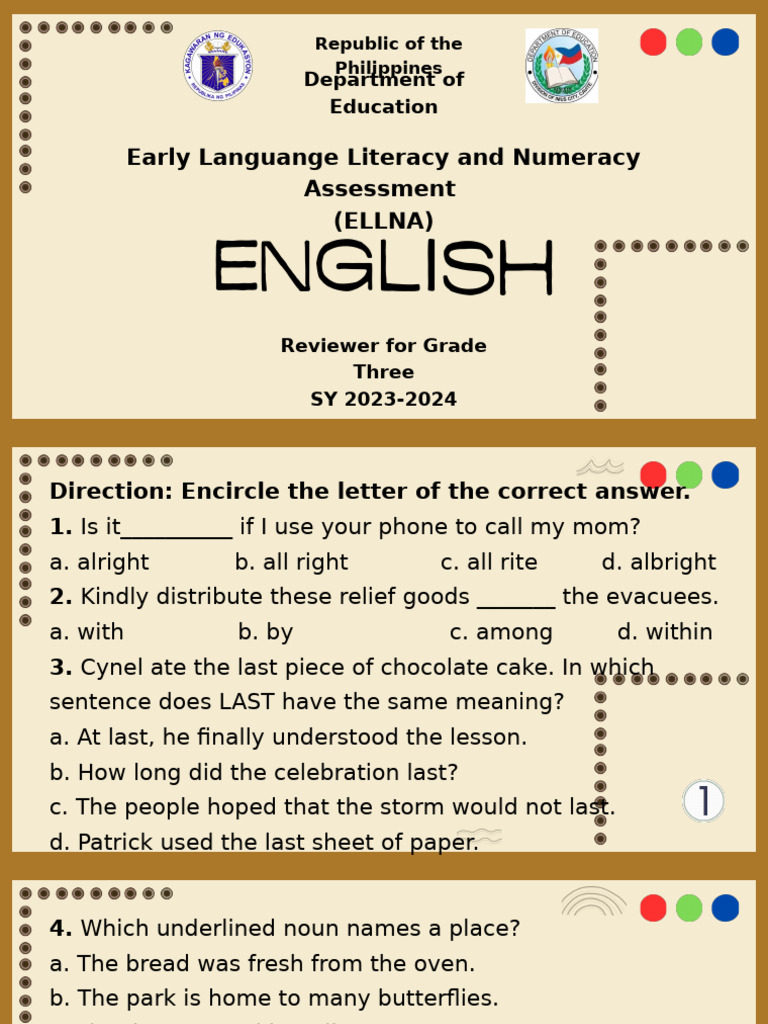 Grade 3 ELLNA Assessment Reviewer 2023-2024 | PDF