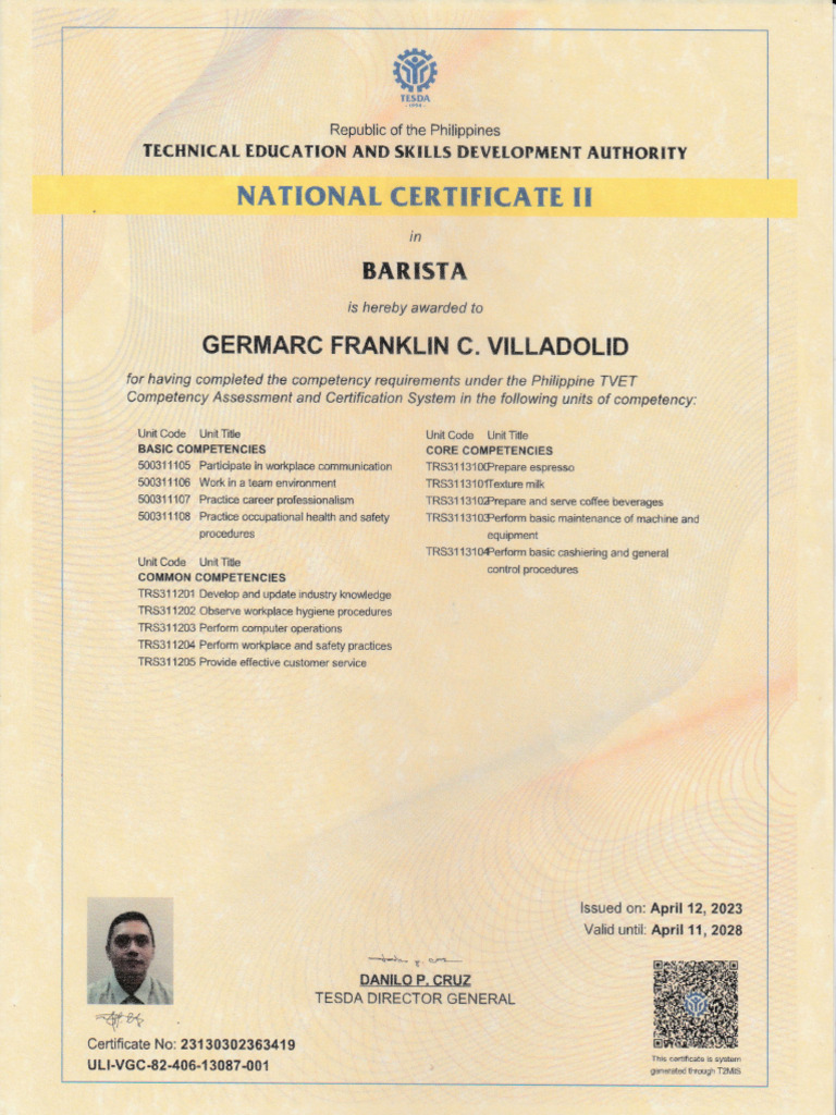 Villadolid, Germarc Franklin C. - Barista NC II | PDF | Drink | Coffee