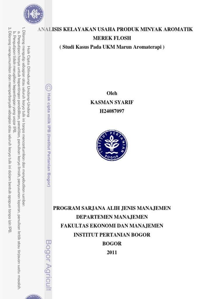 Analisis Kelayakan Usaha Produk Minyak Aromatik Merek Flosh Studi Kasus Di UKM Marun Aromaterapi