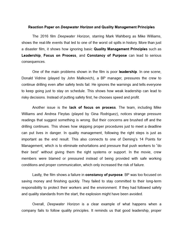 Alcantara - Reaction Paper On Deepwater Horizon and Quality Management ...