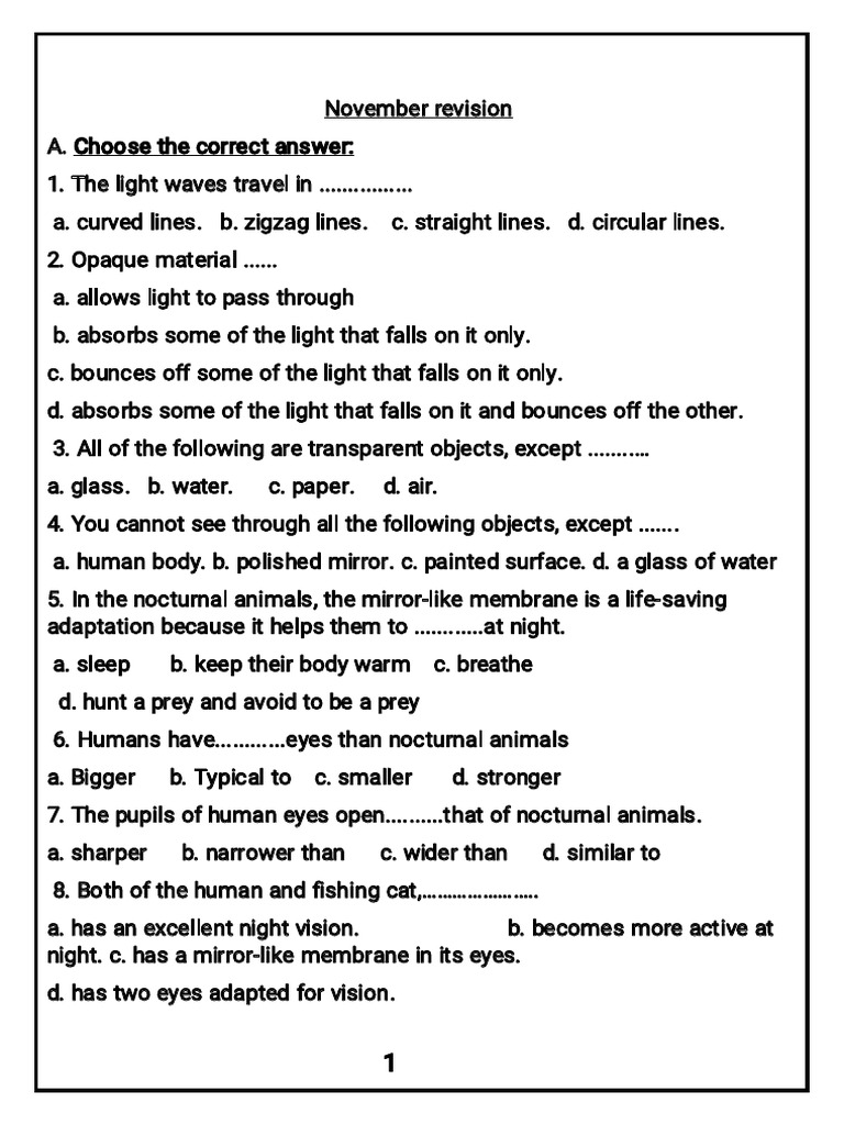 Light and Vision Quiz Questions | PDF | Light | Eye