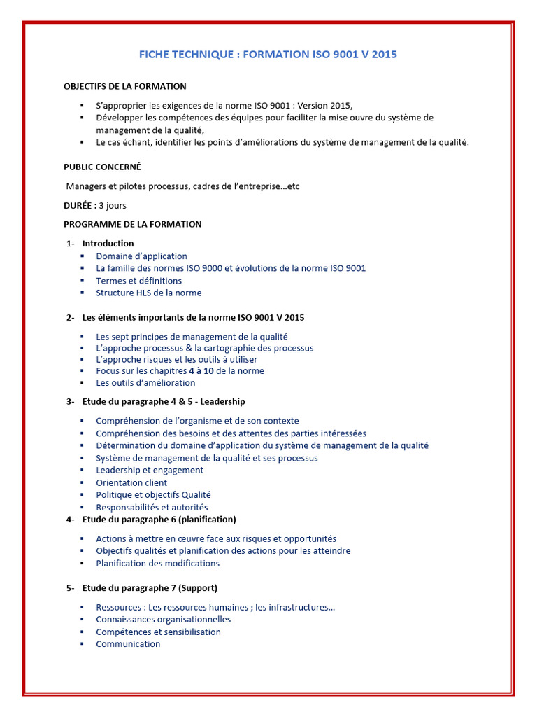 Formation ISO 9001 V2015 : Objectifs et Programme | PDF | Management de ...