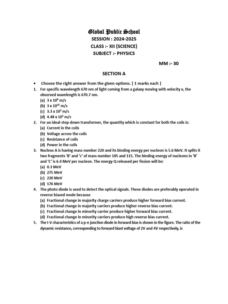 Physics Class XII Exam Questions 2024-25 | PDF | P–N Junction ...