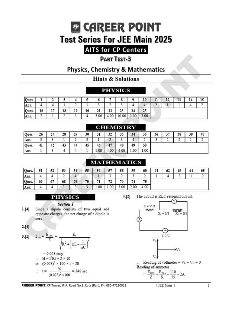 JEE Main 2025 Test Series Solutions | PDF | Physical Quantities ...