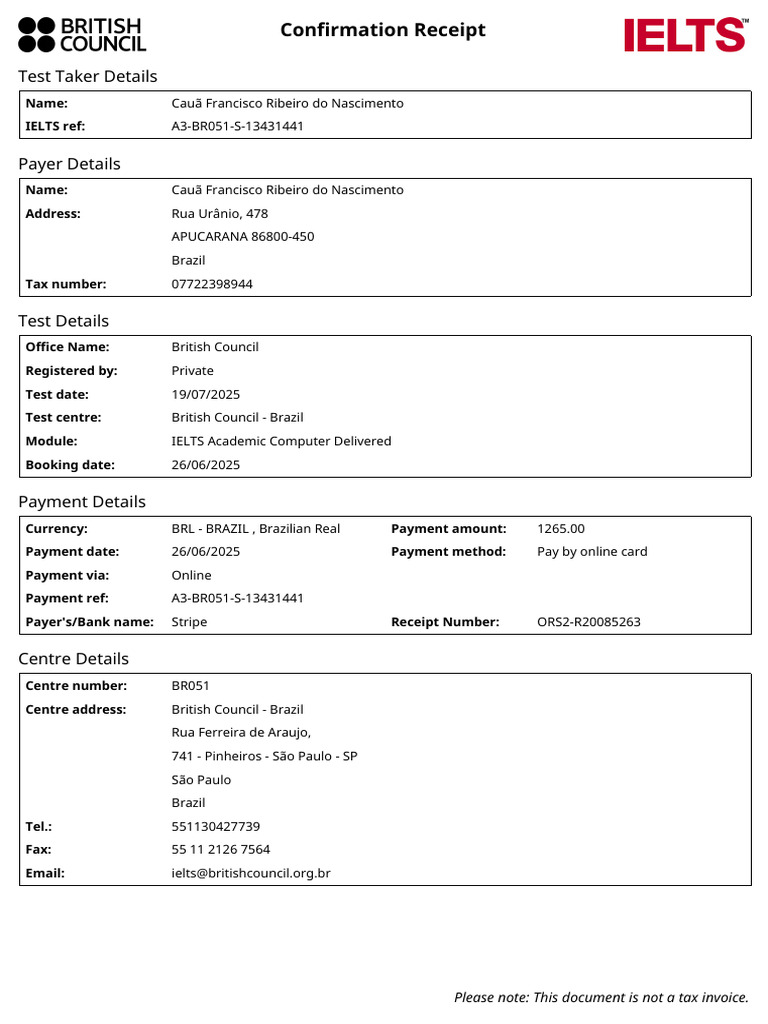 IELTS Test Payment Confirmation Receipt | PDF