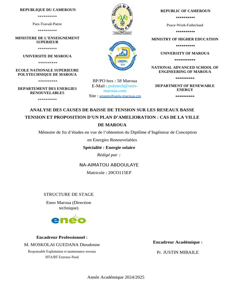 Analyse des causes de baisse de tension à Maroua PDF Centrale — free download