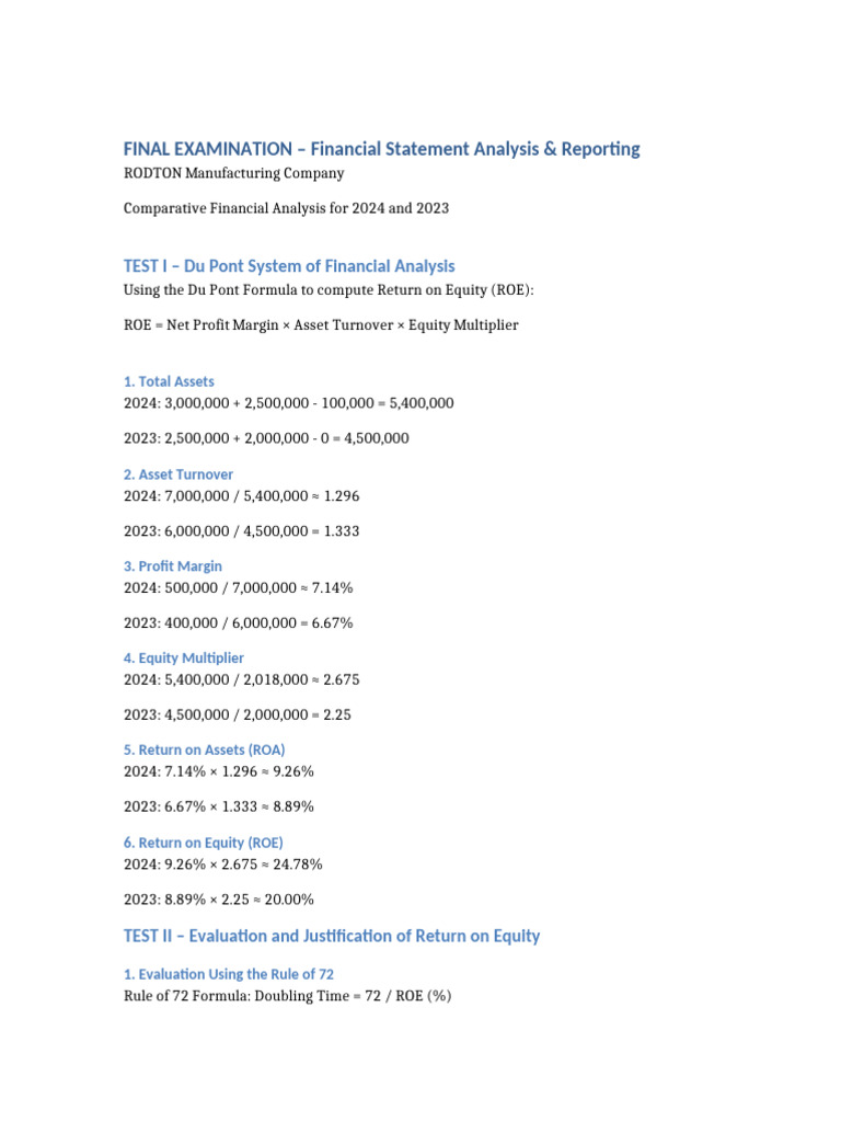 RODTON Financial Analysis Report | PDF | Return On Equity | Leverage ...