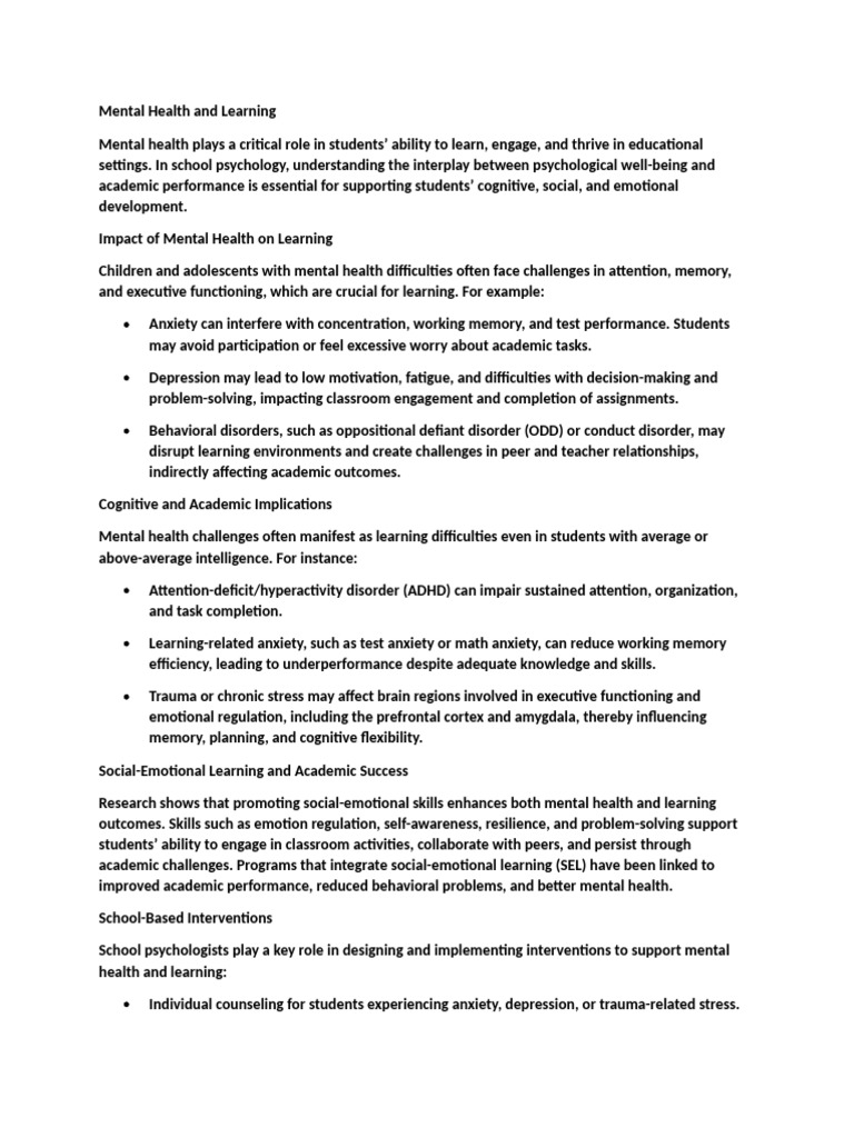 Mental Health's Impact on Student Learning | PDF | Mental Health | Learning