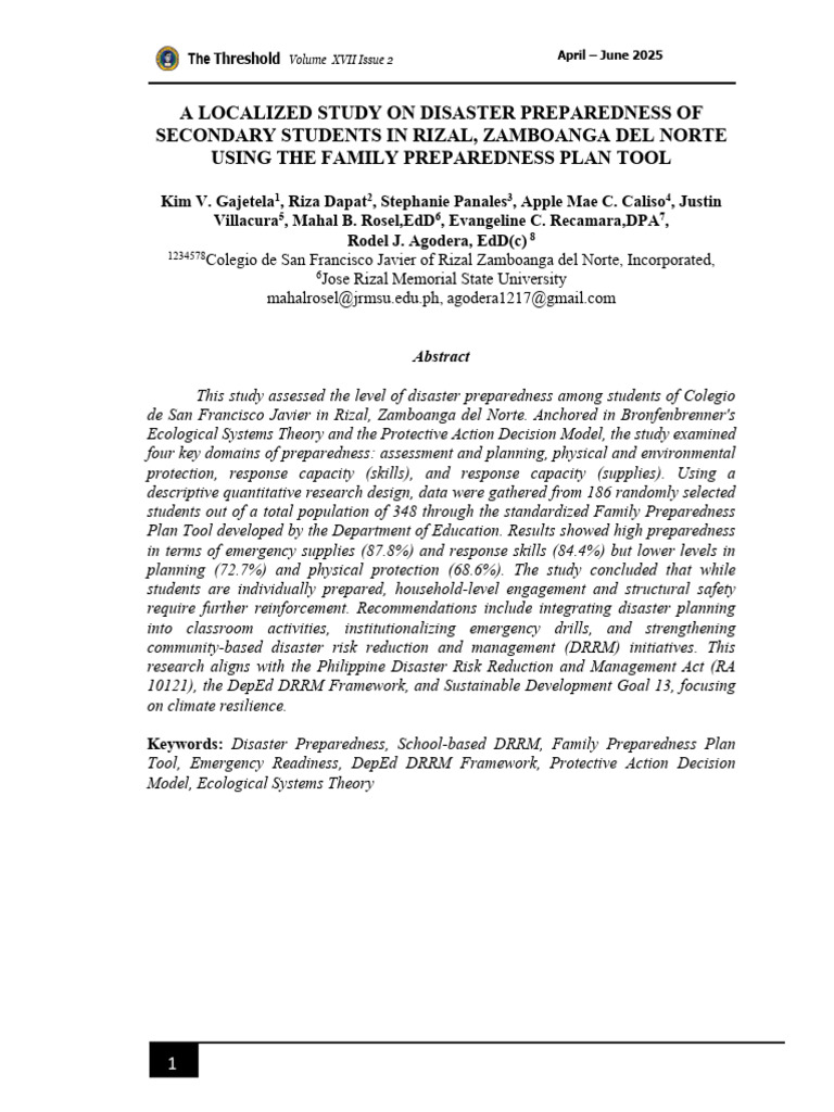 Disaster Preparedness Study in Rizal Students | PDF | Emergency ...