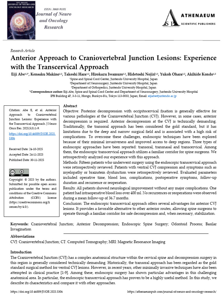 Endoscopic Transcervical Approach for CVJ Lesions | PDF | Clinical ...