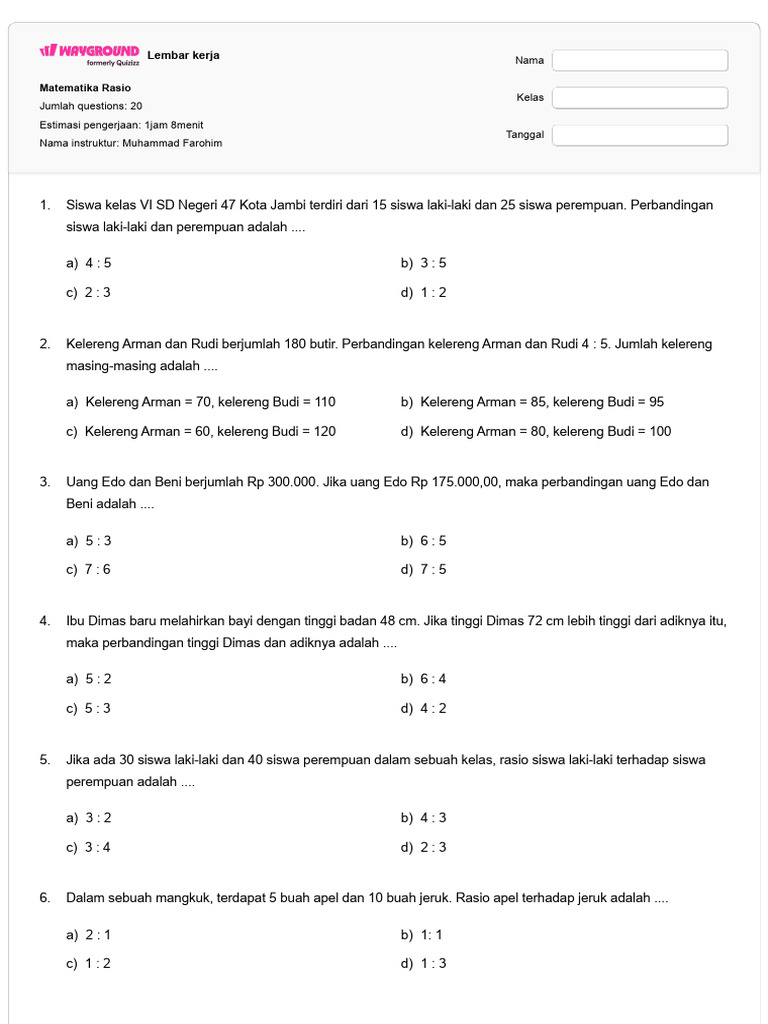 Lembar Kerja Matematika Rasio SD | PDF