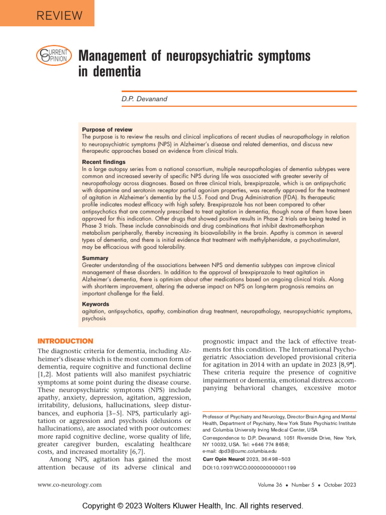 Management of Neuropsychiatric Symptoms in Dementia (Current Opinion in ...