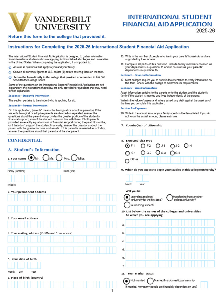 International Student Financial Aid Form 2025-26 | PDF | Student ...