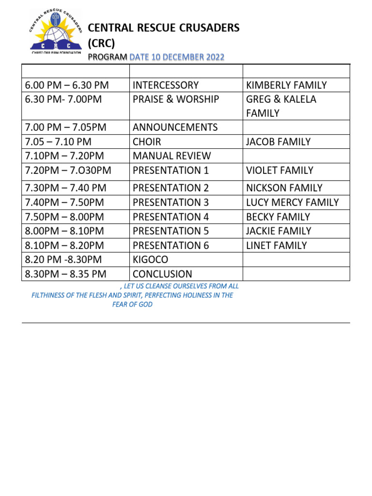 Central Rescue Crusaders Program Schedule | PDF