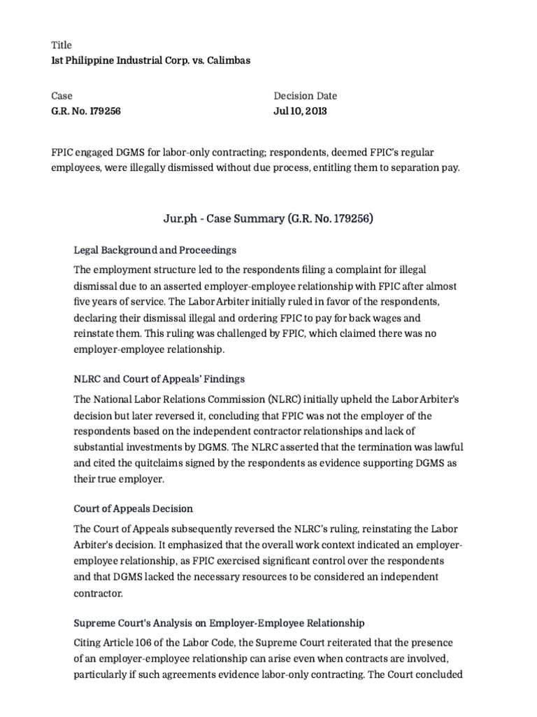 FPIC vs. Calimbas: Illegal Dismissal Case | PDF | Employment | Arbitration
