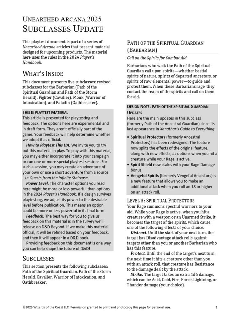 2025 Unearthed Arcana Subclasses Update | PDF | Gary Gygax Games ...