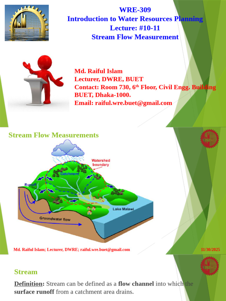 WRE 309 Lecture 10-11 StreamFlowMeasurement | PDF