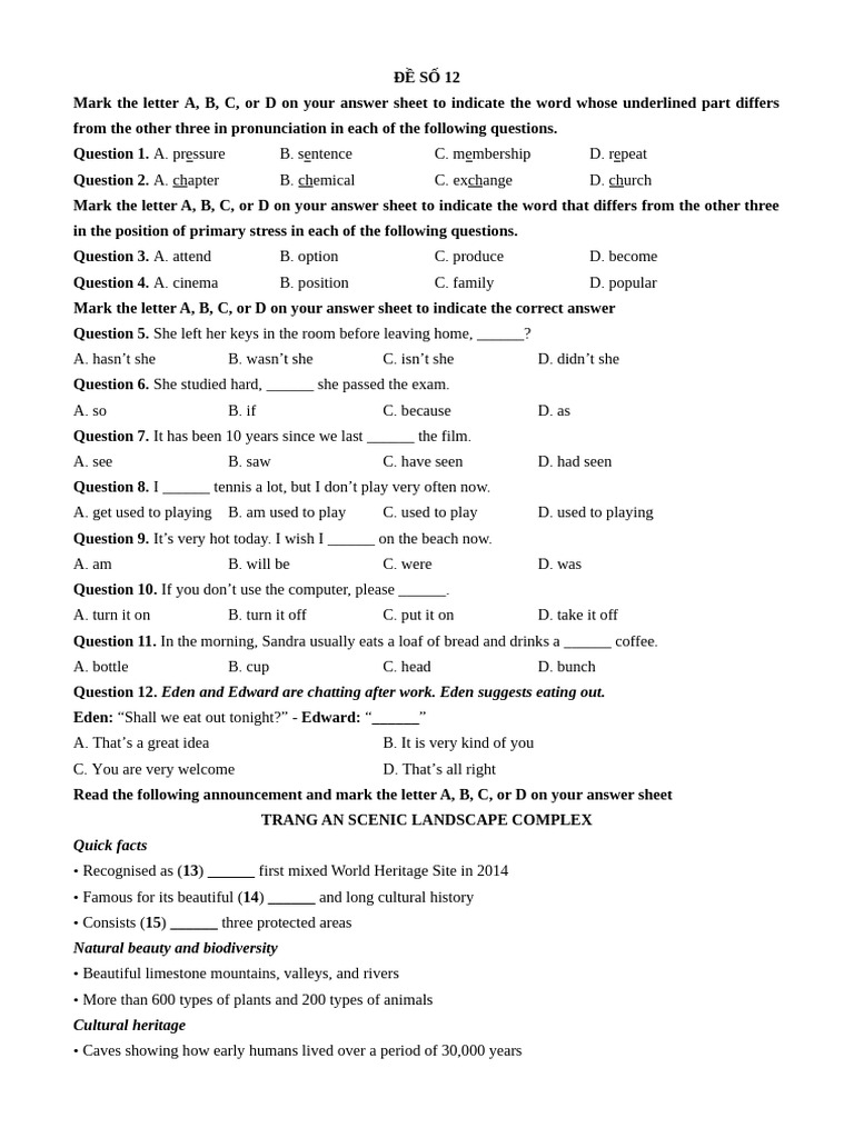 English Language Practice Test 12 | PDF