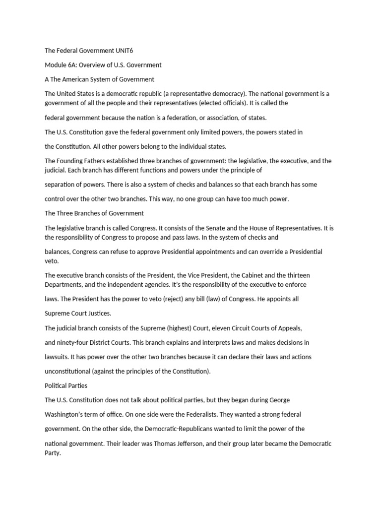 Overview of U.S. Federal Government | PDF | Separation Of Powers Under ...