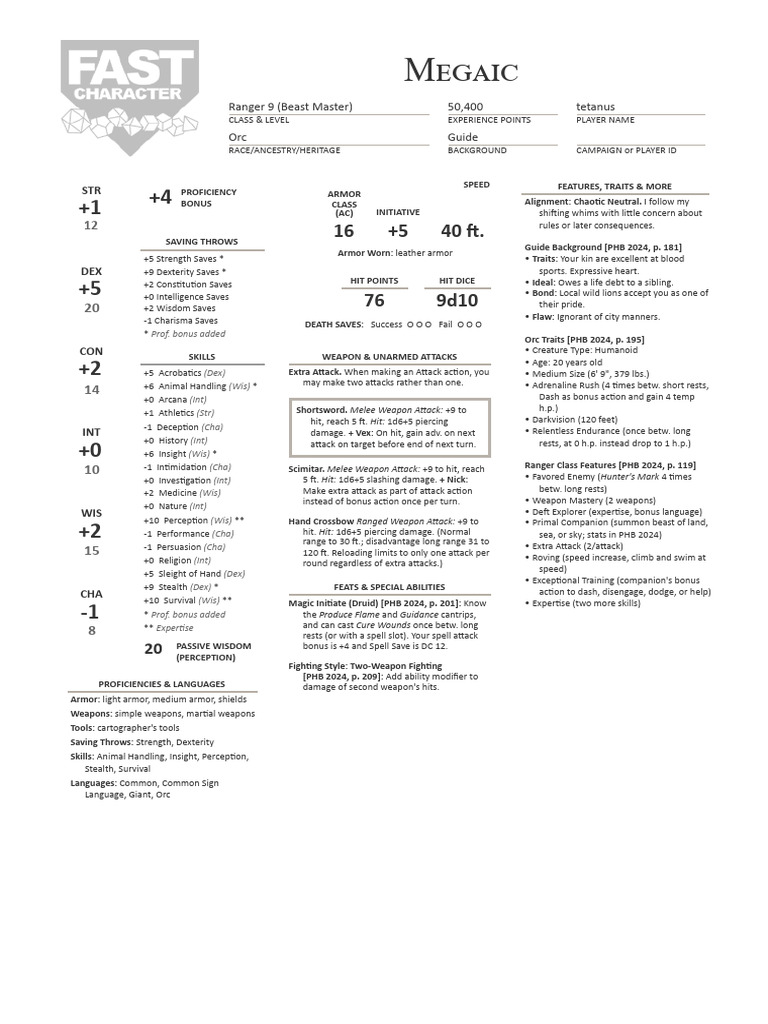Orc Ranger 9 Beast Master Stats | PDF | Dungeons & Dragons | Wizards Of ...