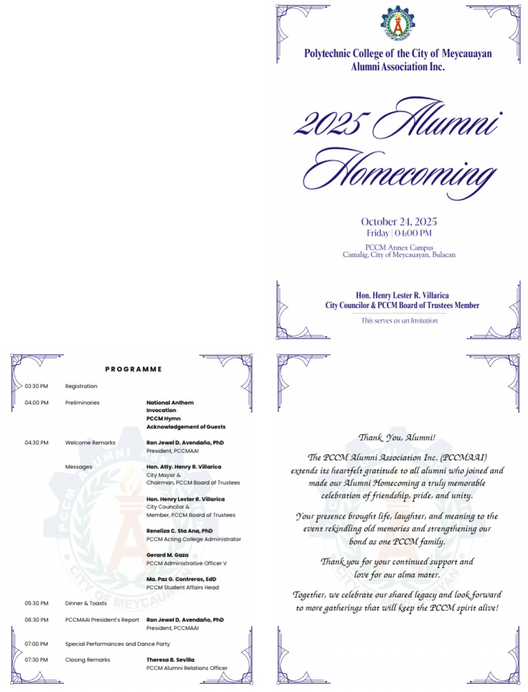 PCCM Alumni Homecoming Program 2023 | PDF