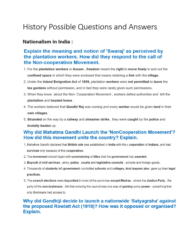 History Possible Questions and Answers | PDF | Nationalism | Liberalism