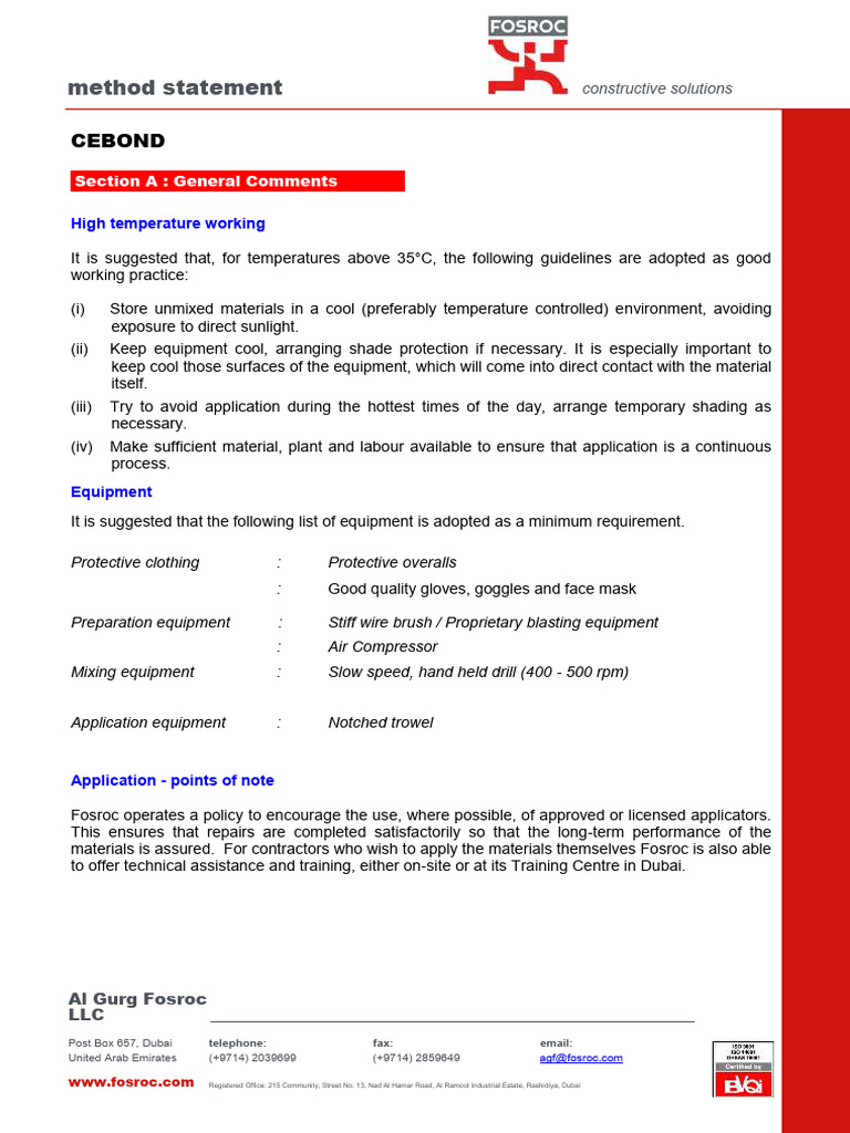 Cebond Application Method Statement | PDF | Tile | Adhesive