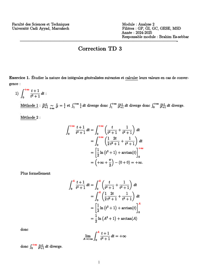 Correction TD 3 : Intégrales généralisées | PDF | Analyse mathématique ...