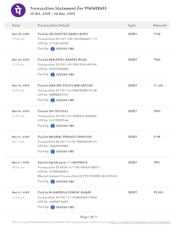 Transaction Statement Summary 9940458633 | PDF | Debit Card | Business