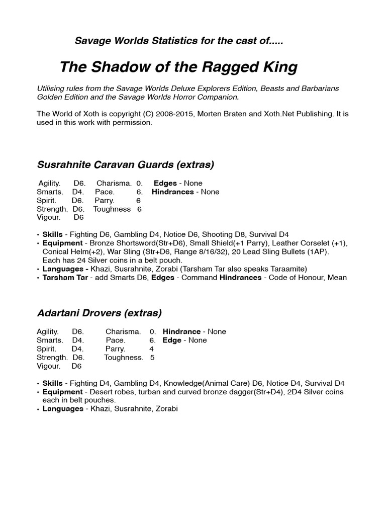 The Ragged King Savage Worlds Stats | PDF