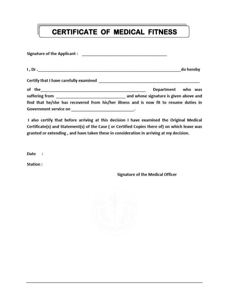 Medical Fitness Certificate Template | PDF