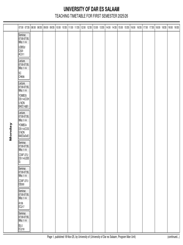 UDSM First Semester Timetable 2025/26 | PDF | Teaching | Learning