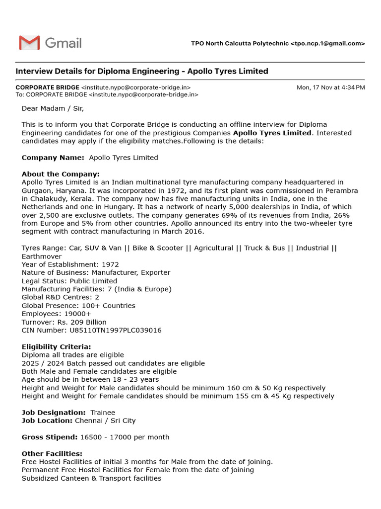 Apollo Tyres Diploma Engineering Interview | PDF