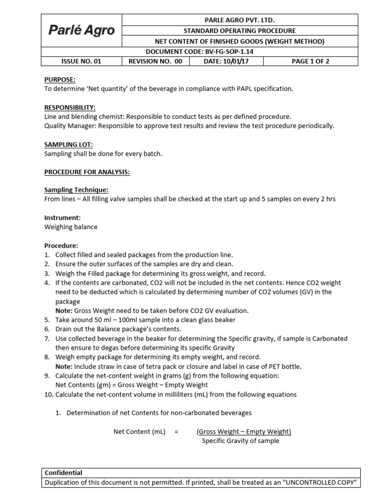 Net Content SOP for Beverages | PDF | Weight