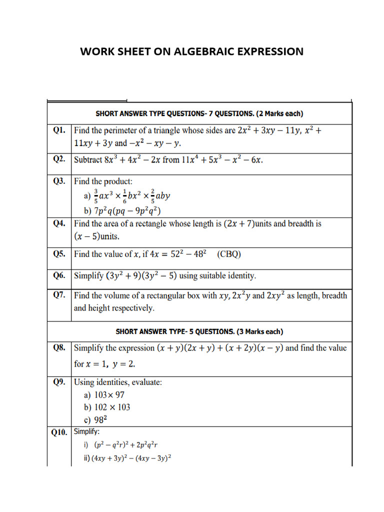 Work Sheet On Algebraic Expression | PDF