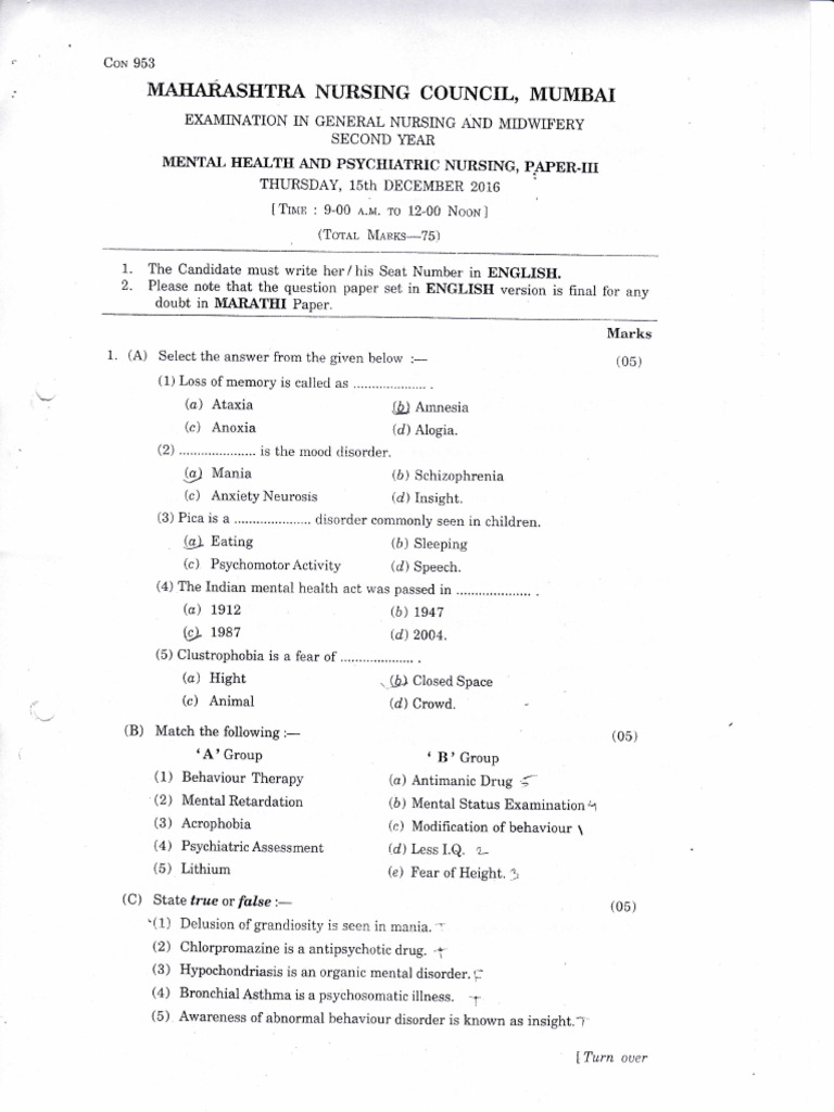 Mental Health Nursing Exam Paper 2016 | PDF | Mental Disorder | Psychiatry