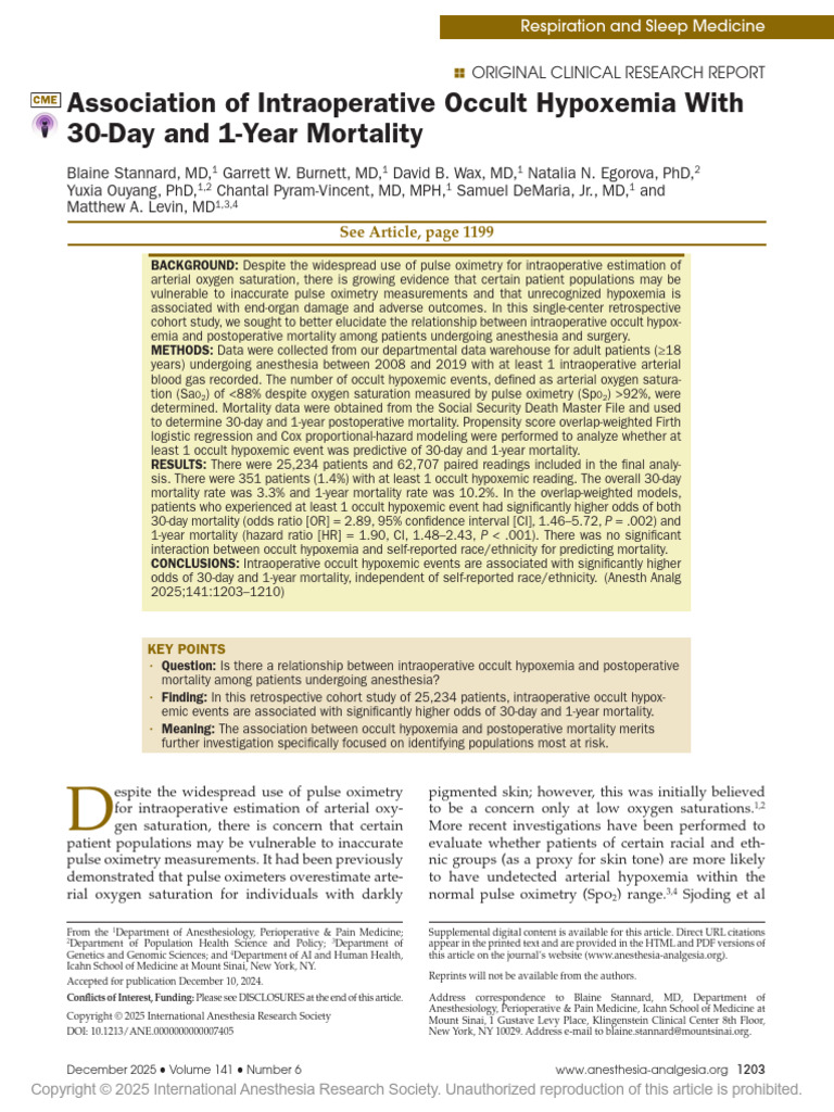 Occult Hypoxemia and Postoperative Mortality | PDF | Anesthesia ...