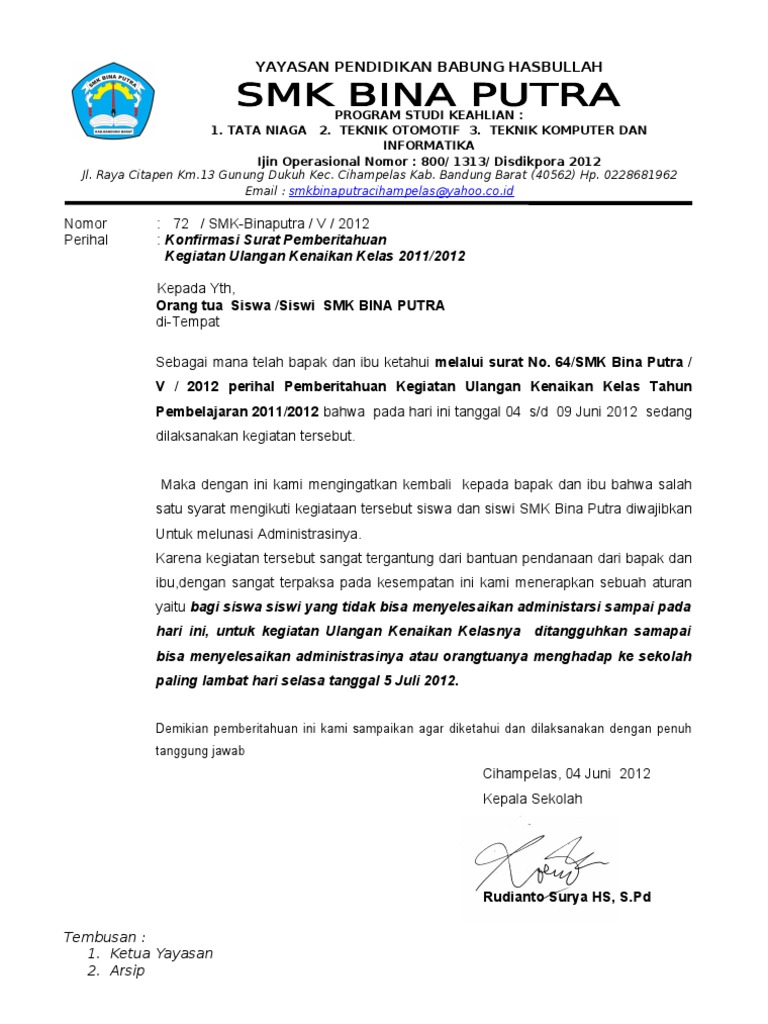 Contoh Surat Ketidakhadiran Sekolah Copy