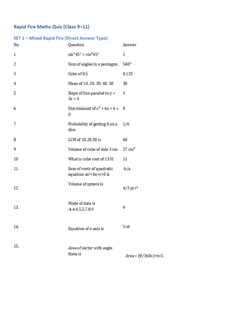 Rapid Fire Maths Quiz for Grades 9-11 | PDF | Area | Mathematical Objects
