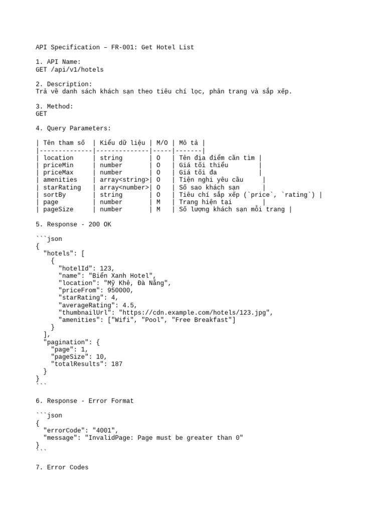 API FR-001 Get Hotel List | PDF