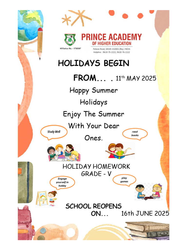 Grade V Summer Holiday Homework 2025 | PDF