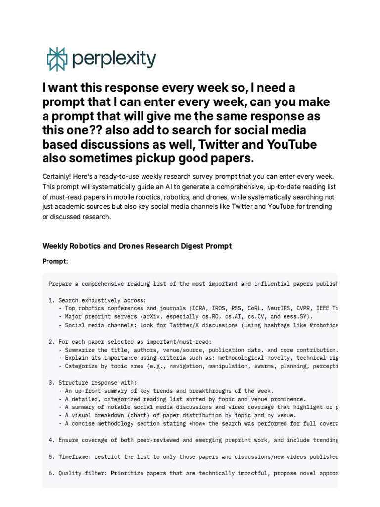 I Want This Response Every Week So, I Need A Promp | PDF | Robotics