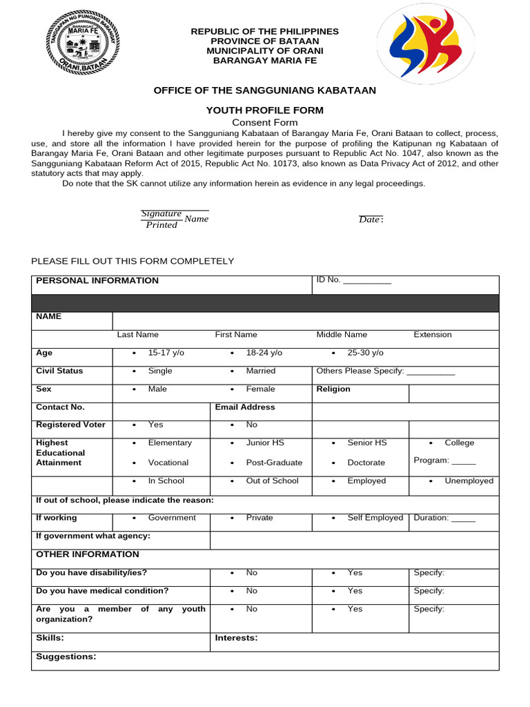 Youth Profile Consent Form - Barangay Maria Fe | PDF