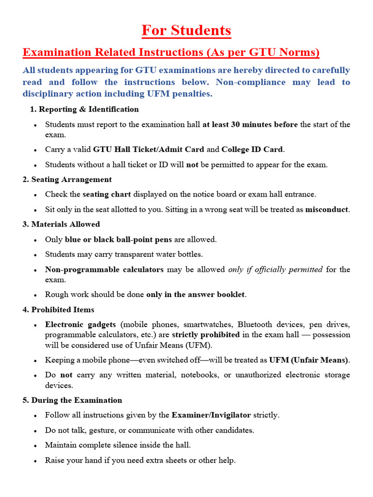 GTU Exam Instructions for Students | PDF