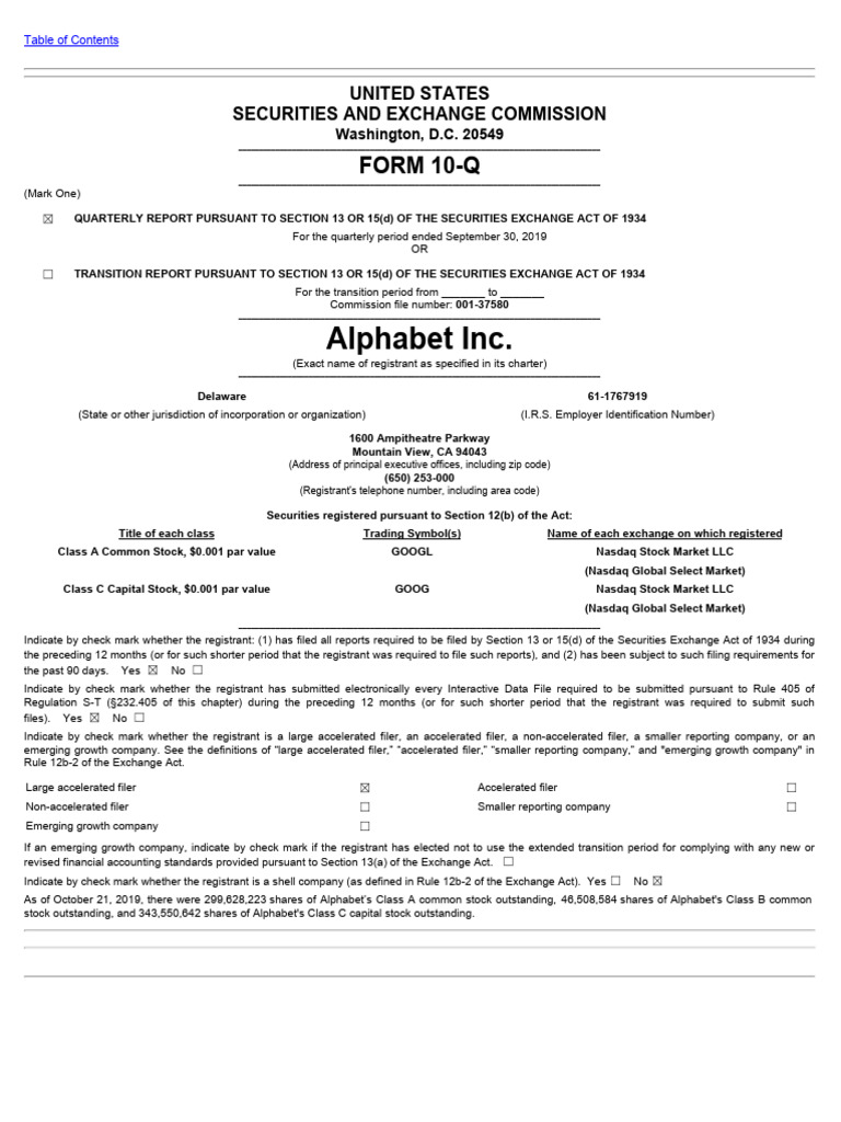 Alphabet Inc.: FORM 10-Q | PDF | Equity (Finance) | Form 10 K