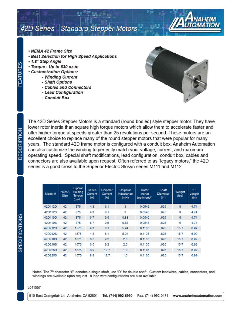 42D Series Stepper Motors Specifications | PDF | Electric Motor ...