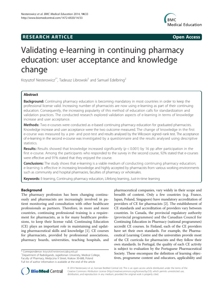 Validating E-Learning in Continuing Pharmacy Education: User Acceptance ...