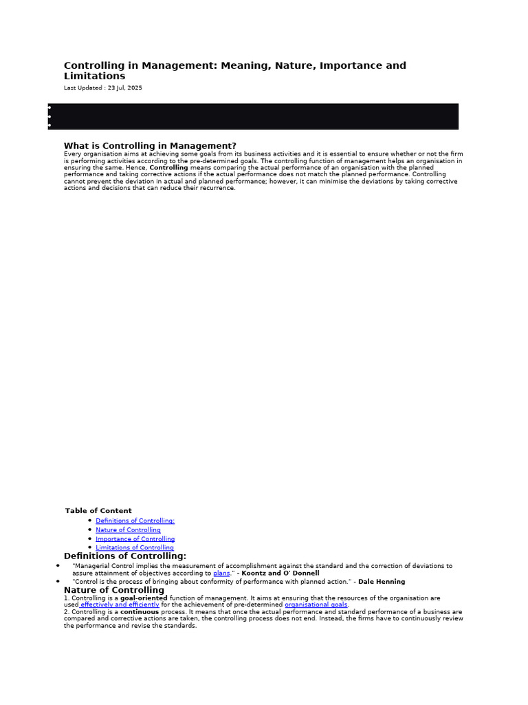 Understanding Controlling in Management | PDF | Goal | Business