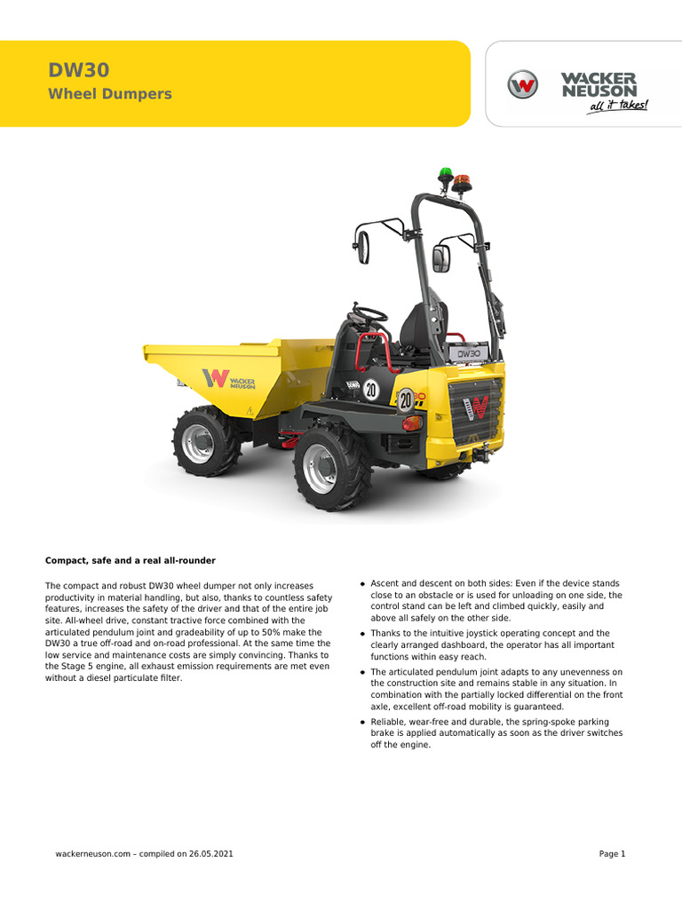 DW30 Wheel Dumper Specifications Guide | PDF | Engines | Diesel Engine