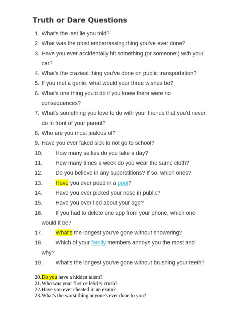 Fun Truth or Dare Questions List | PDF